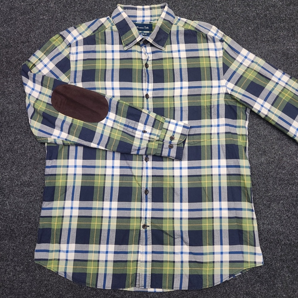 Massimo Dutti Mens XL Blue Green Plaid Button Up Casual Fit Shirt Elbow Patches‎